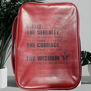Burgundy Serenity Prayer Bible Cover Zip w Silver Cross Pull Carry Handle